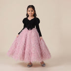 Velvet Feather Tulle Gown in Black – front view