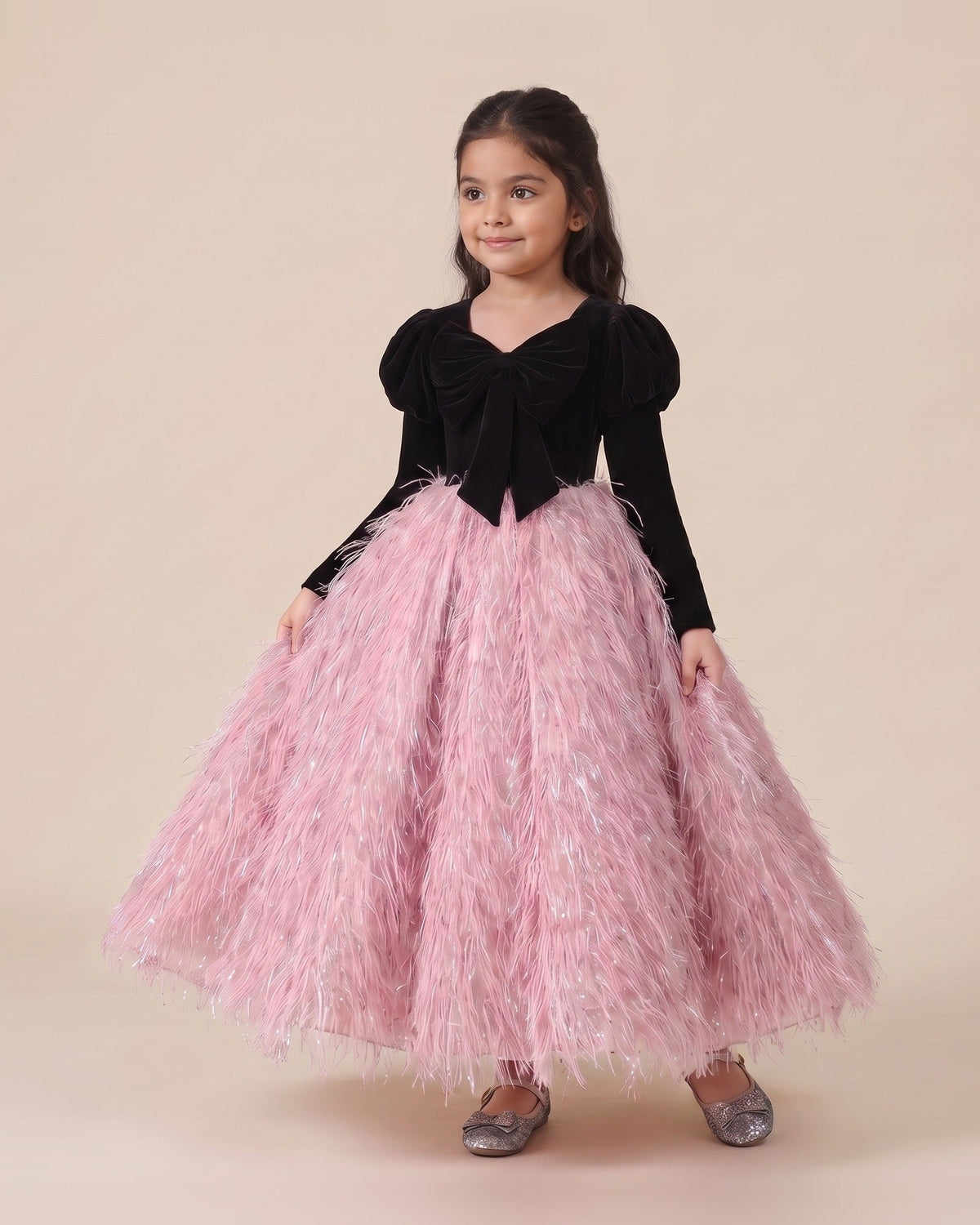 Velvet Feather Tulle Gown in Black – side view