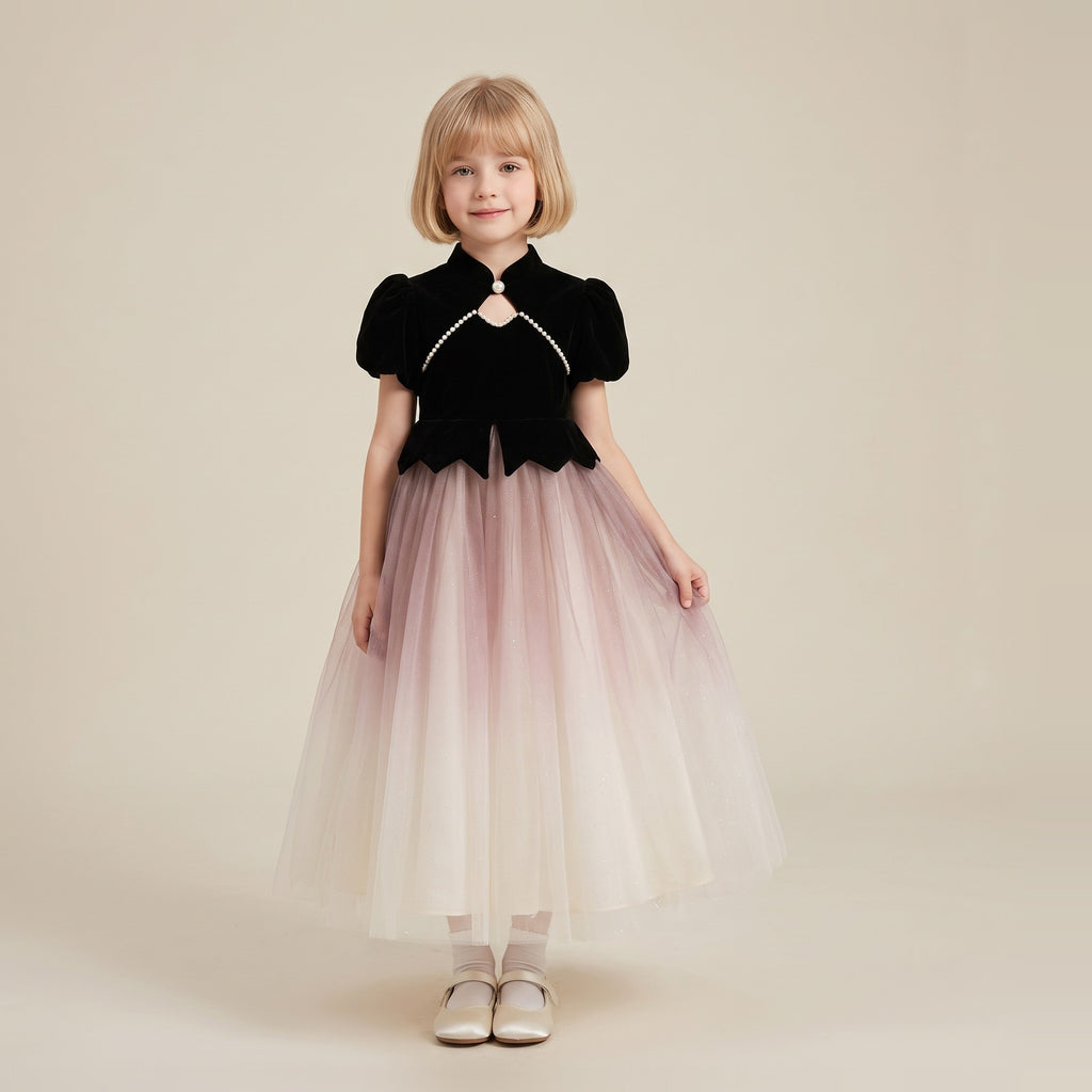 Velvet Ombre Tulle Princess Gown in Black – front view