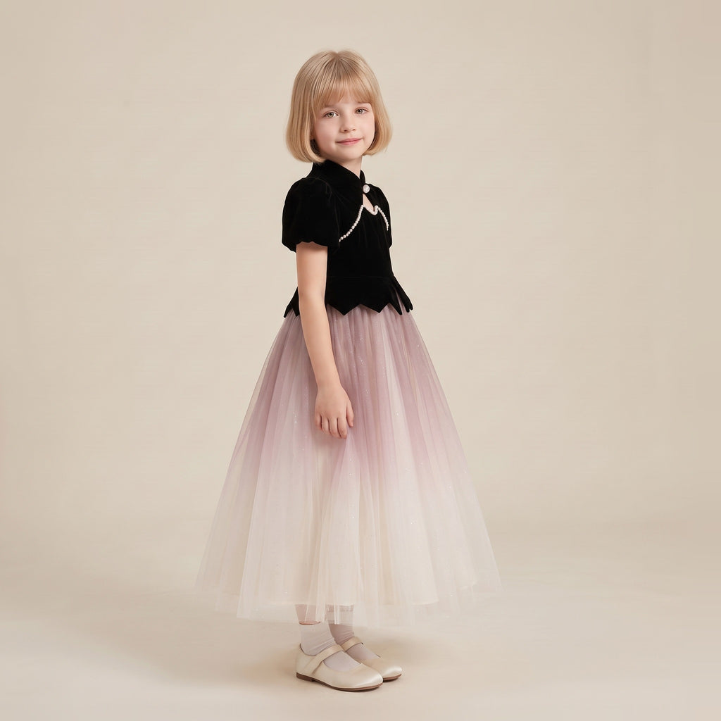 Velvet Ombre Tulle Princess Gown in Black – side view