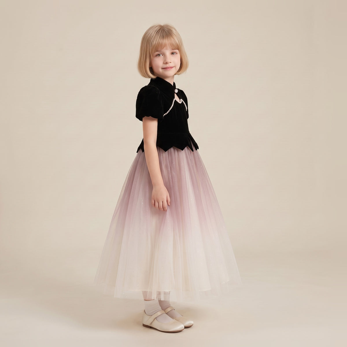 Velvet Ombre Tulle Princess Gown in Black – side view