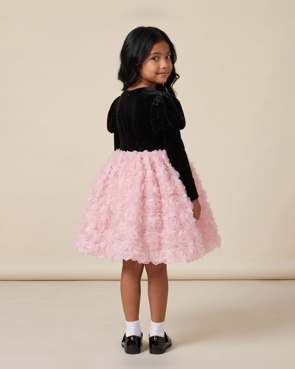 Velvet Rosette Tulle Princess Dress in Black – back view