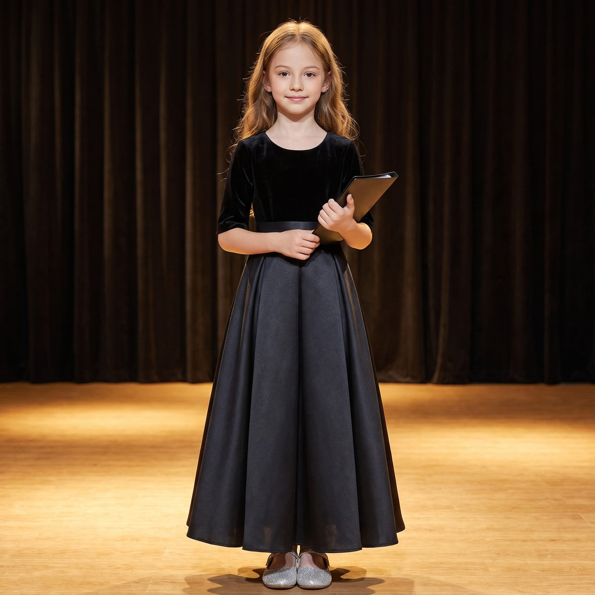 Velvet Satin Half-Sleeve Gown in Black – lifestyle photo 1
