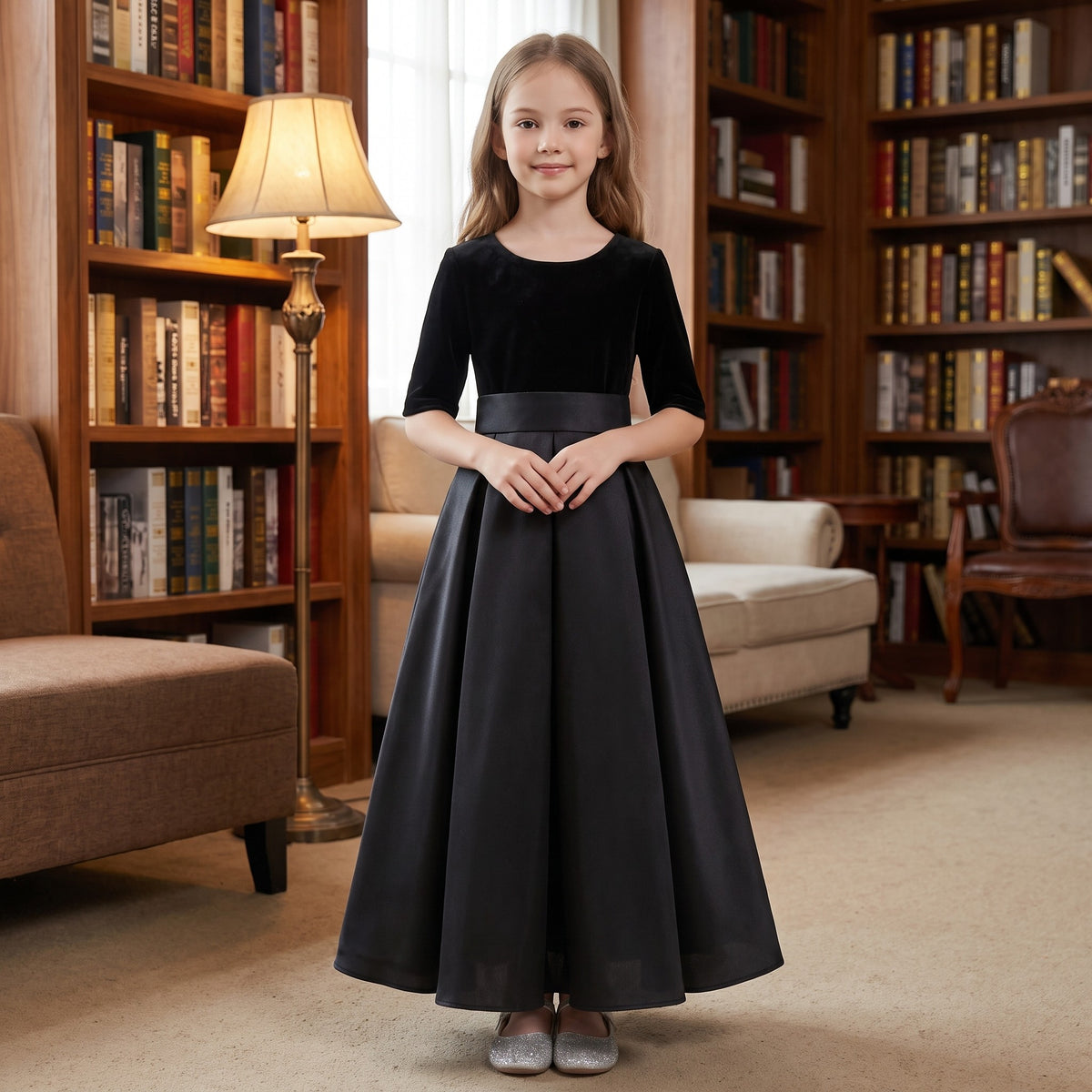 Velvet Satin Half-Sleeve Gown in Black – lifestyle photo 3