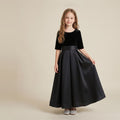 Velvet Satin Half-Sleeve Gown in Black – front view