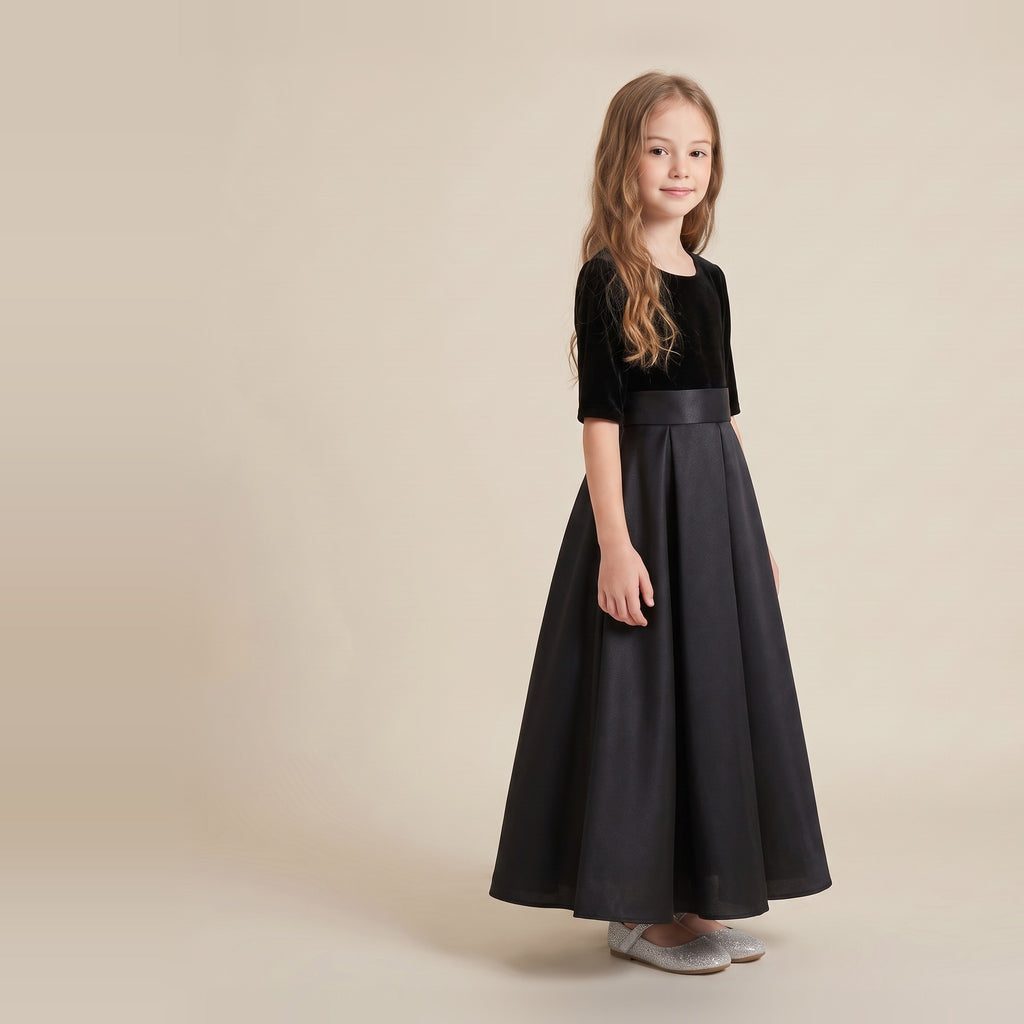 Velvet Satin Half-Sleeve Gown in Black – side view