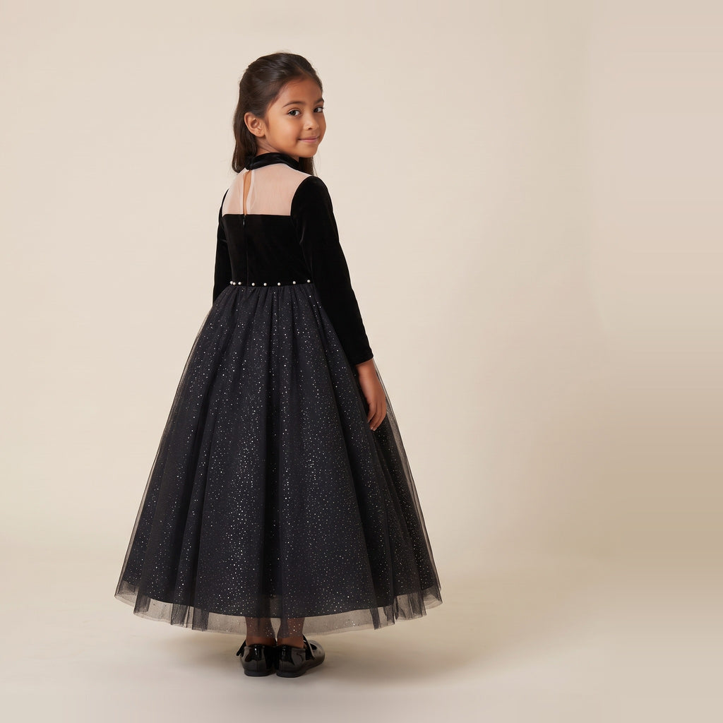 Velvet Sparkle Tulle Ball Gown in Black – back view