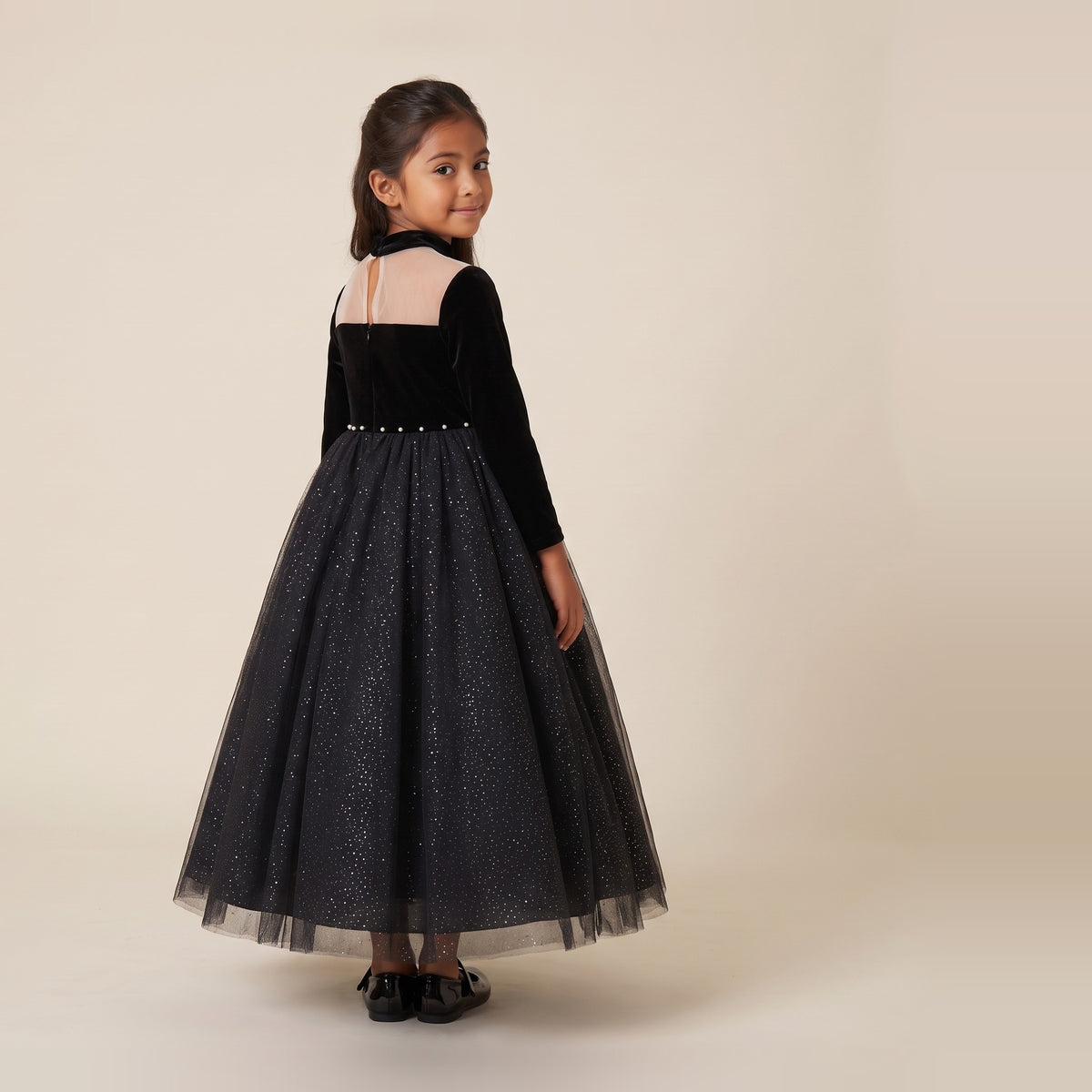 Velvet Sparkle Tulle Ball Gown in Black – back view