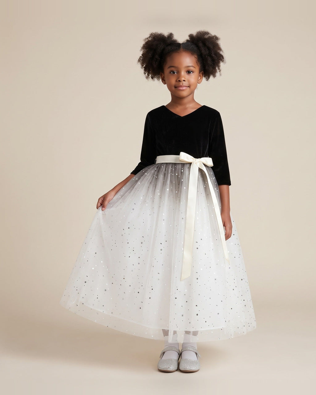 Velvet Star Tulle Ball Gown in Black & White – front view