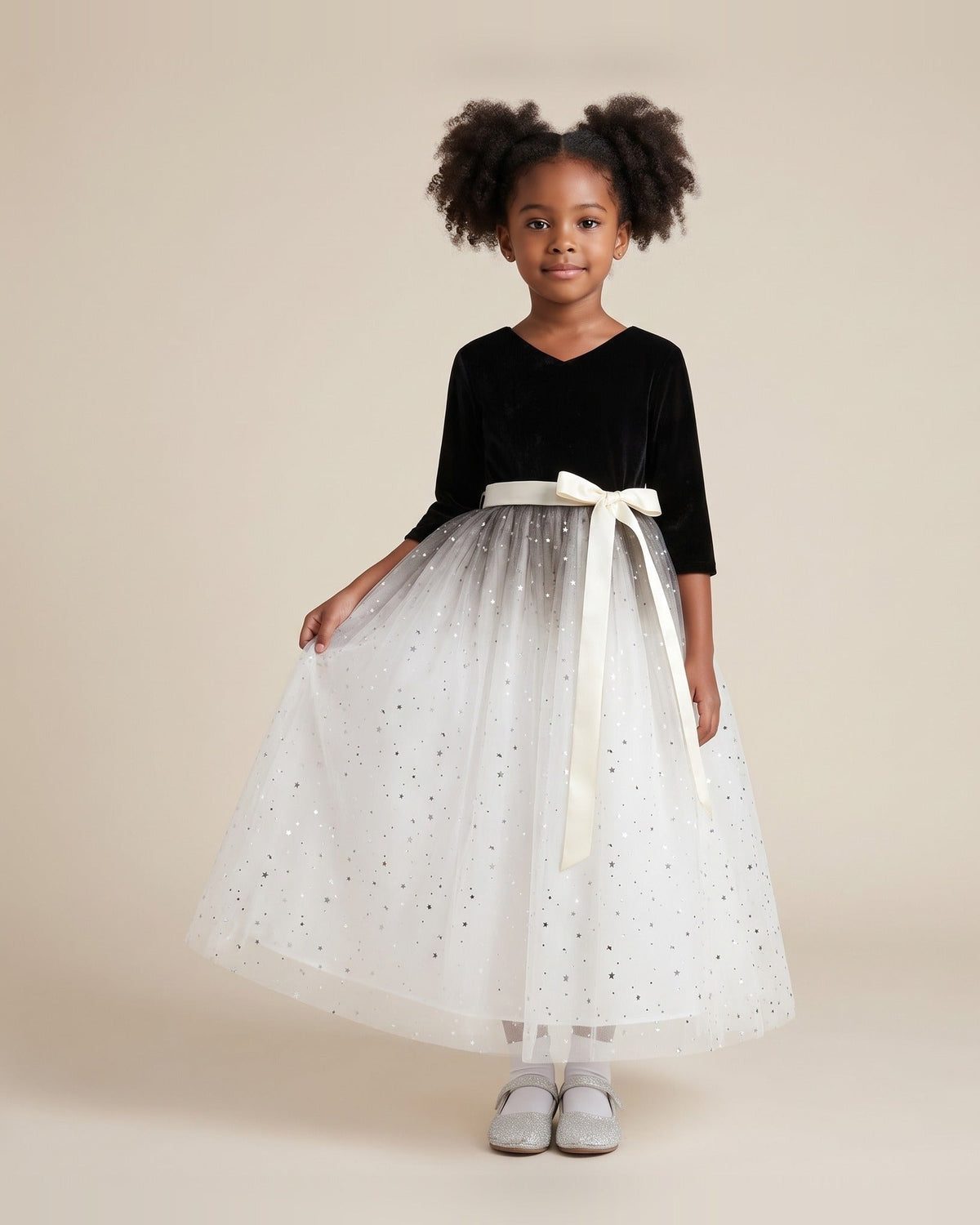Velvet Star Tulle Ball Gown in Black & White – front view