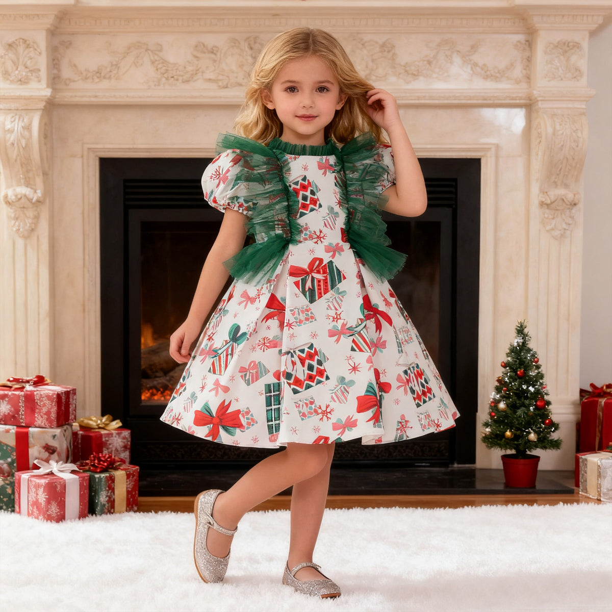 White printed satin girls Christmas dress with green tulle ruffle bodice and knee-length full skirt, designed for holiday parties.