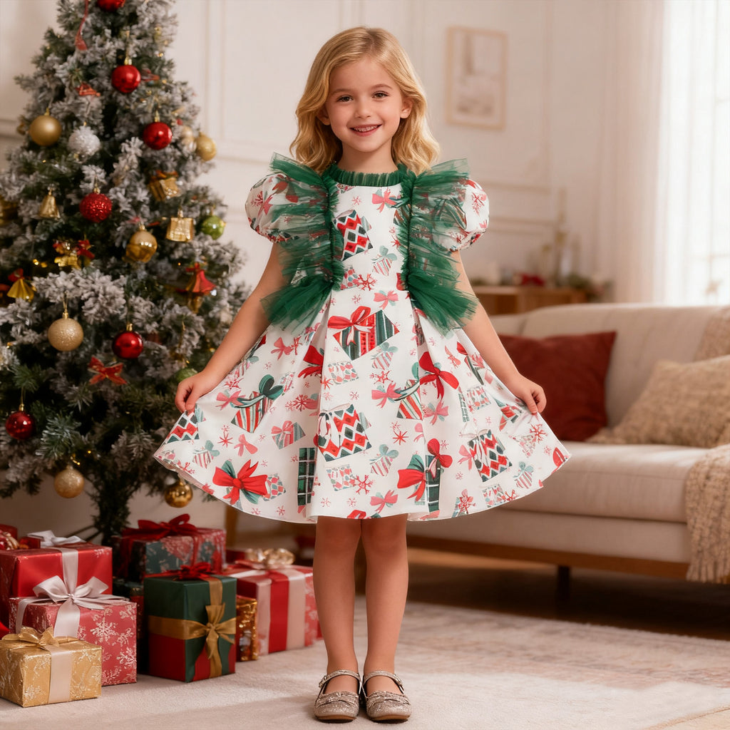 White satin girls Christmas dress with gift box print, green tulle ruffles and puff sleeves, designed for Christmas parties and holiday photos.