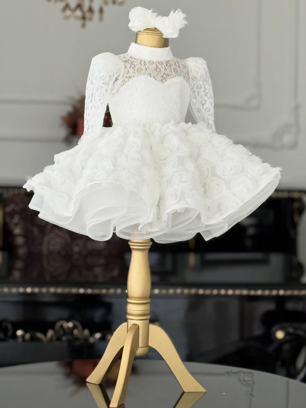 White lace girls princess dress with sheer lace yoke and ruffled organza hem, designed for flower girls and first communion.
