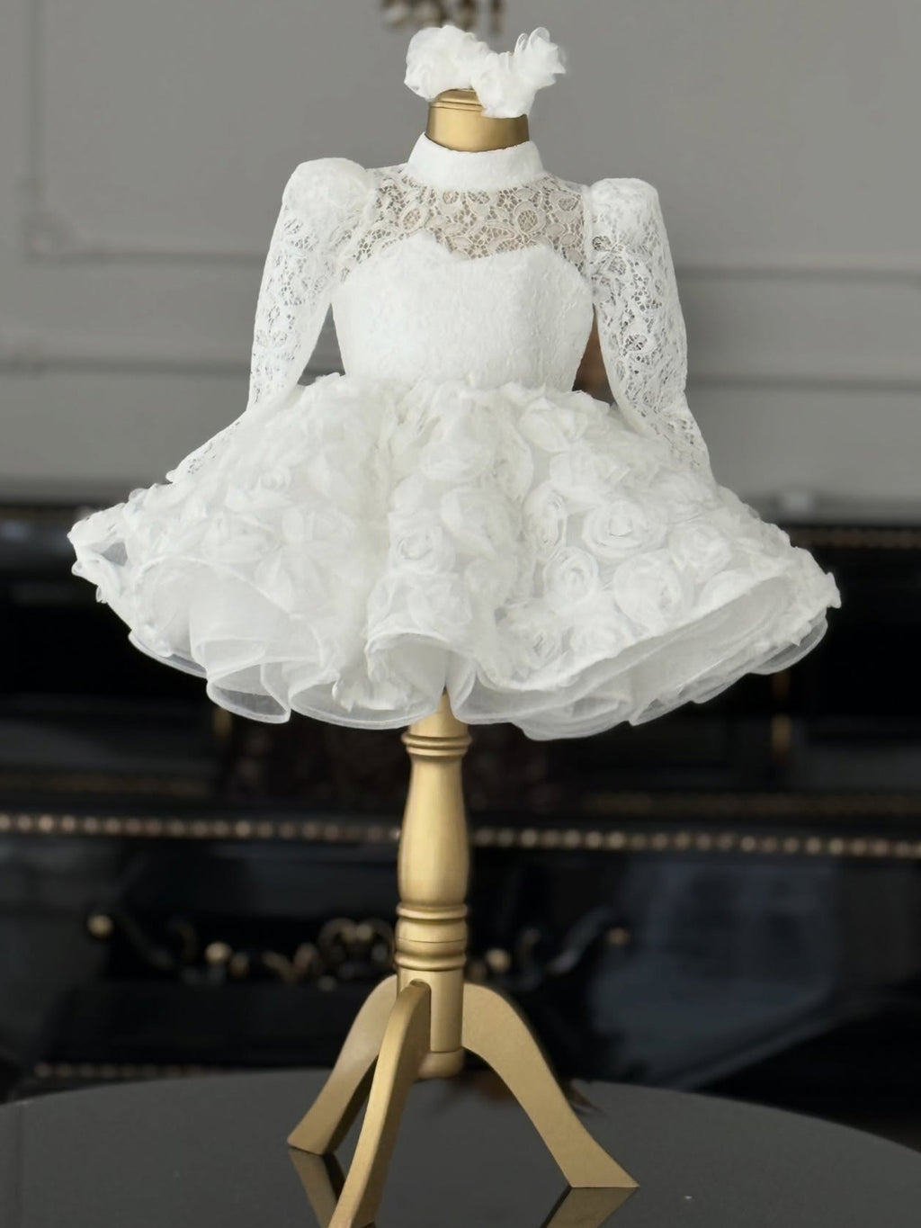 White lace girls princess dress with long puff sleeves, mock neck and 3D rosette tulle skirt, designed for birthdays and weddings.