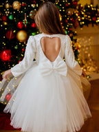 White sequin girls tutu dress with long sleeves, heart open back and satin bow, designed for Christmas and weddings, view 3
